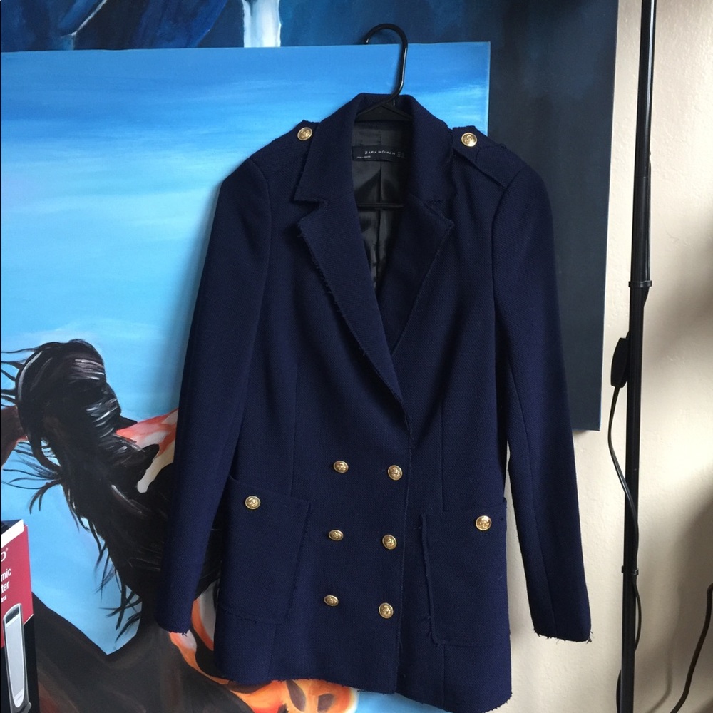 Zara tweed frayed sailor blazer jacket